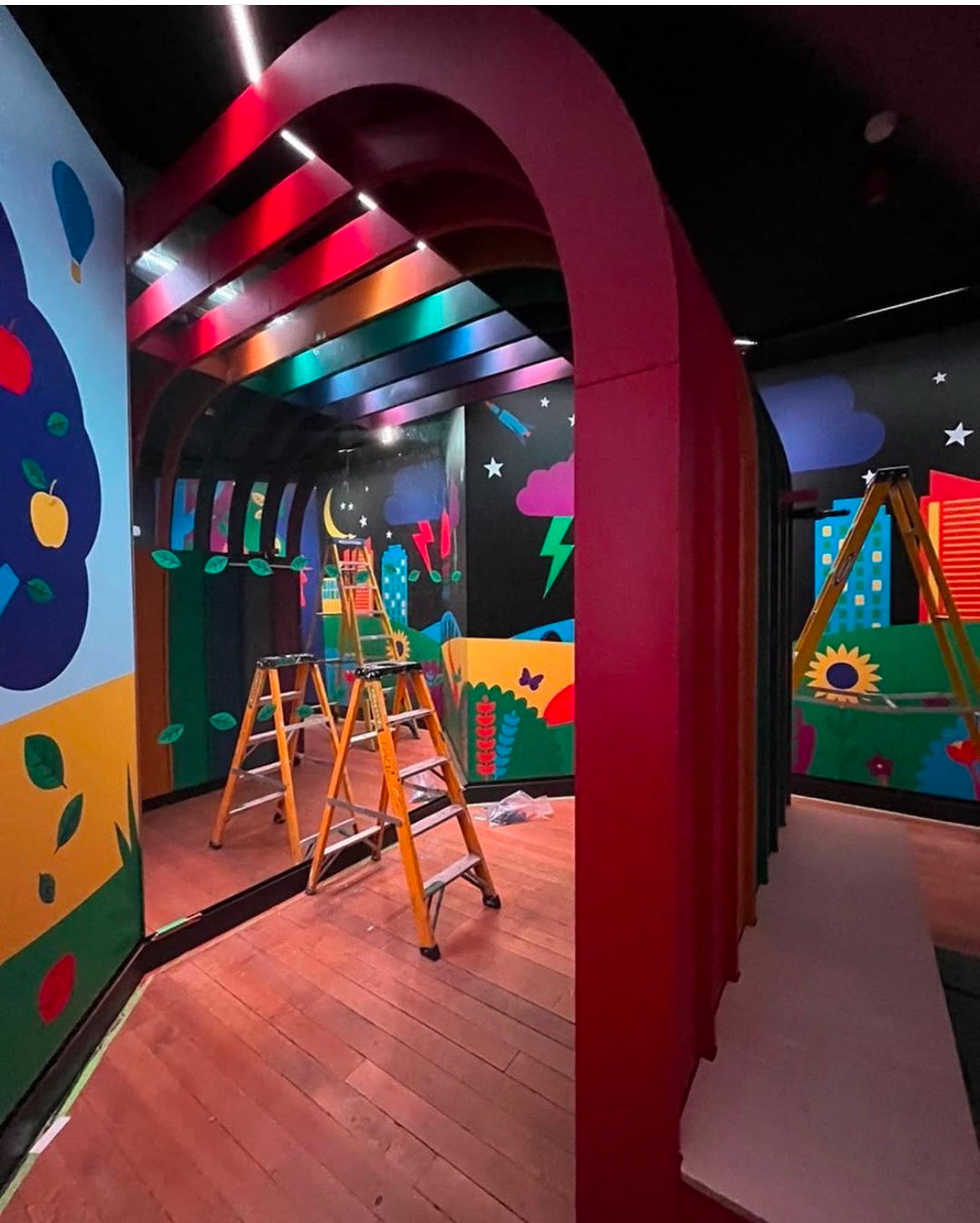 Colourful kids play area at the Natural History Museum finished with Koate custom colour One Coat Wood Oil
